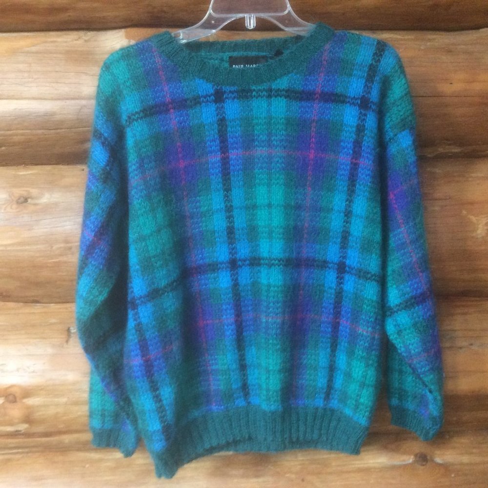 Vintage Paul Harris Blue/Green Plaid Mohair Blend Crew Neck Sweater Size Small